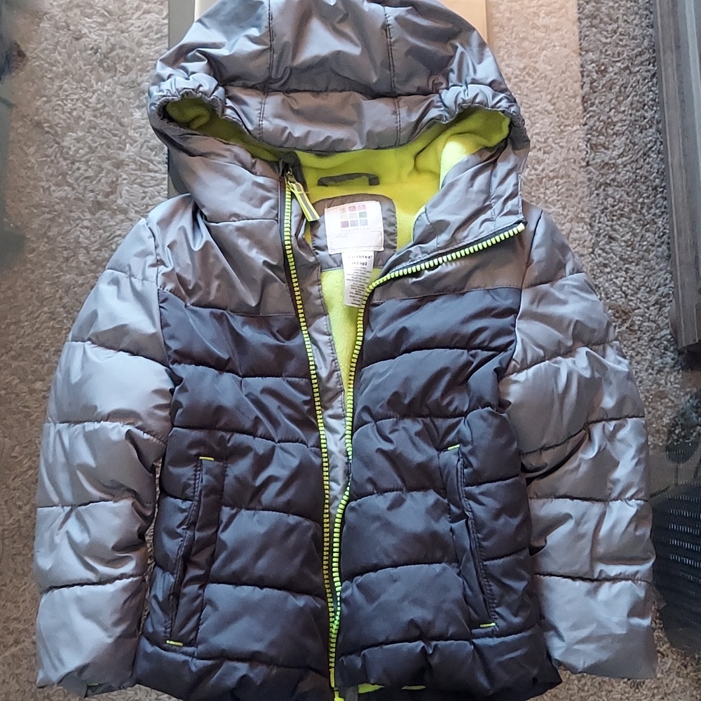 Baby puffer coat, 2T, gray, and lime green.